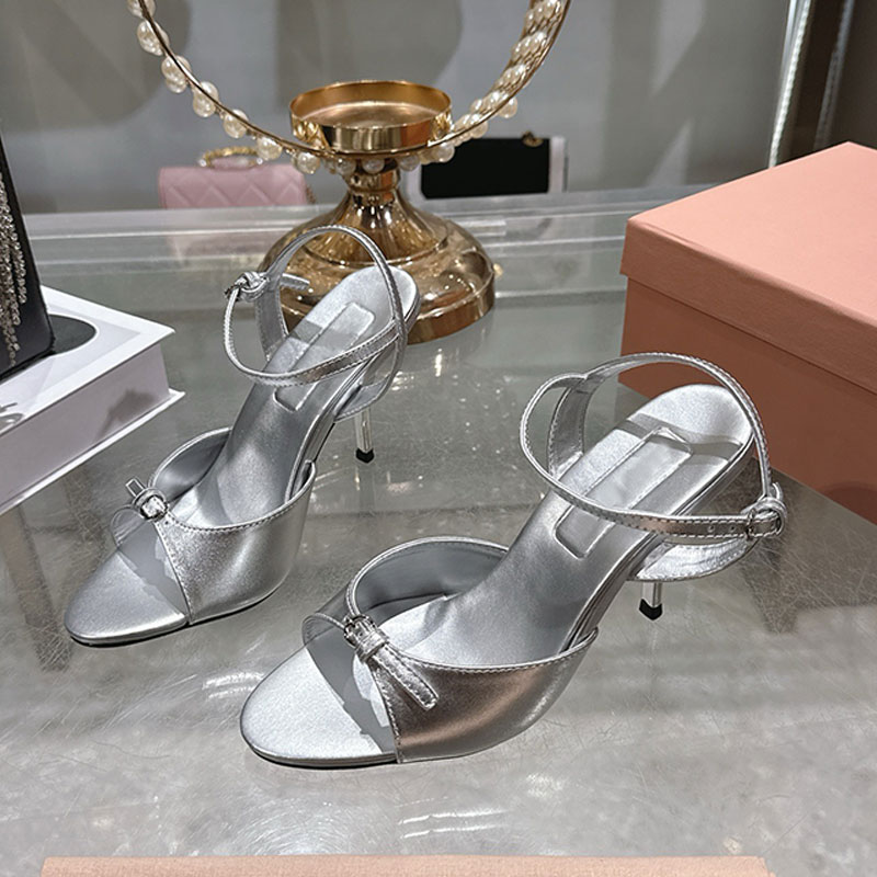 Sexy womens high heels 2026SS Designer woman vacation sandals silver cowhide leather upper 8.5cm heel height miss shoes Outdoor leisure gathering with boxs