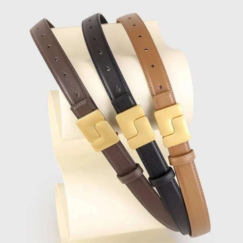 Women's Korean Style Genuine Leather Cummerbunds Female Dress Corsets Waistband Belts with Gold Buckle Decoration Narrow Belt S260228
