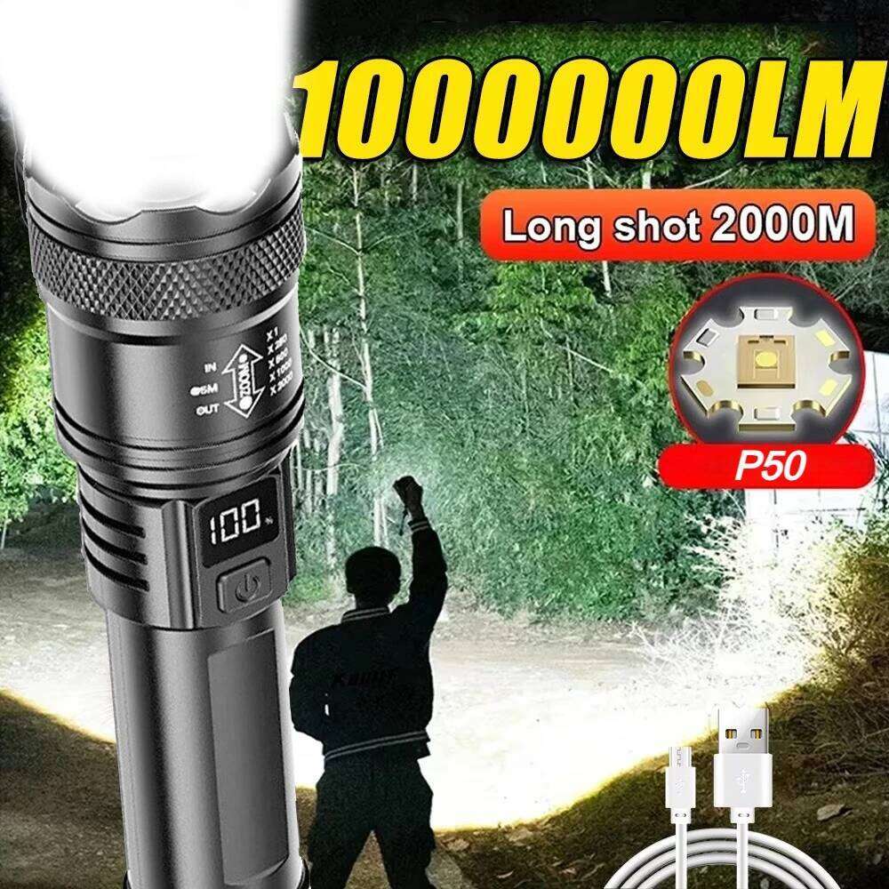 100000LM Super Bright Flashlight Type-C Rechargeable LED Torch Long Range Tactical Lamp for Outdoor Waterproof Camping Lantern Z260301