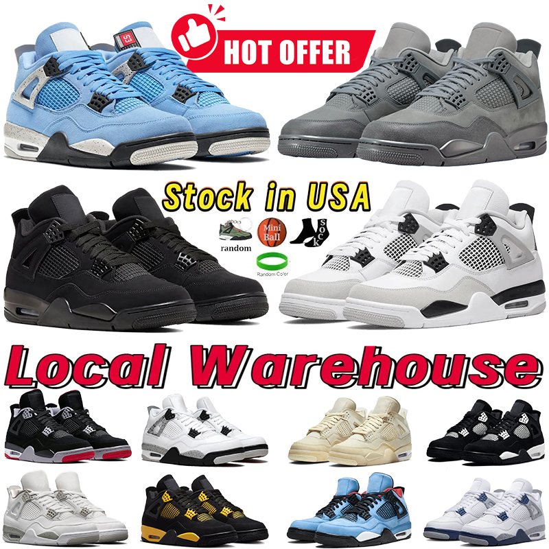 Local Warehouse 4s Basketball Shoes Low Black Cat Medium Pink University Blue Thunder Military Black Stock in USA Mens Womens Designer Sneakers sport men Trainers