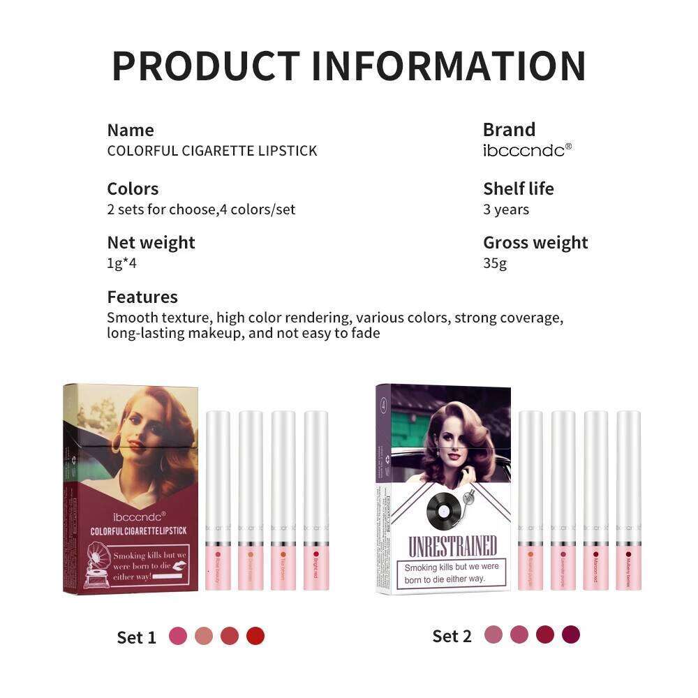 4PCS/Set Matte Long Lasting Waterproof Creative Cigarette Lipstick Set Matt Stick Tube Nude Red Velvet Lip Tint Makeup H260302