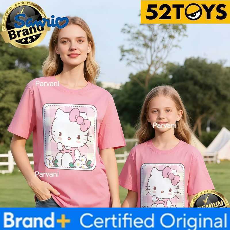 Sanrio 52TOYS Hello Kitty Gingham Print Family T-shirts 2026 Summer 100 Cotton Casual Loose Parent-Child Y2k Tees Single Piece3Pcs H260302