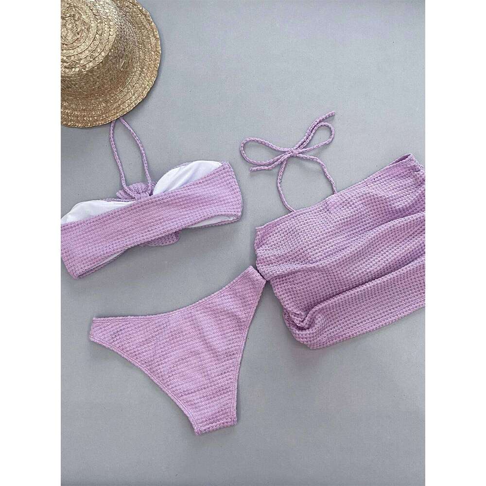 3 Piece Purple White Bikini Set Women Bandeau Big 3D Flower Swimsuit 2024 Beach Push Up Bathing Suit Skirt Swimwear Z260301