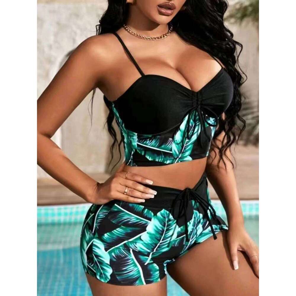 2025 Leaf Batch Swimsuit Women High Waist Bikini Set Drawstring Swimwear Female Padded Bathing Suit Swimming Beachwear Summer Z260301