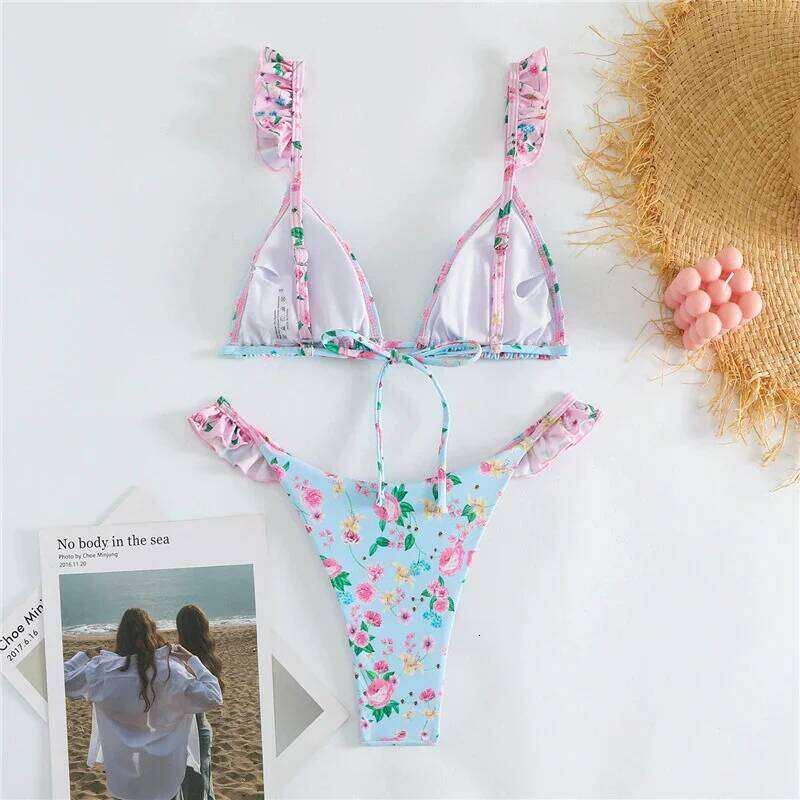Light Blue Floral Print Swimwear Ruffled Strap Triangle Thong Micro Bikini 2026 Sexy Swimsuit Women Low Waisted Bather Bikinis Z260301