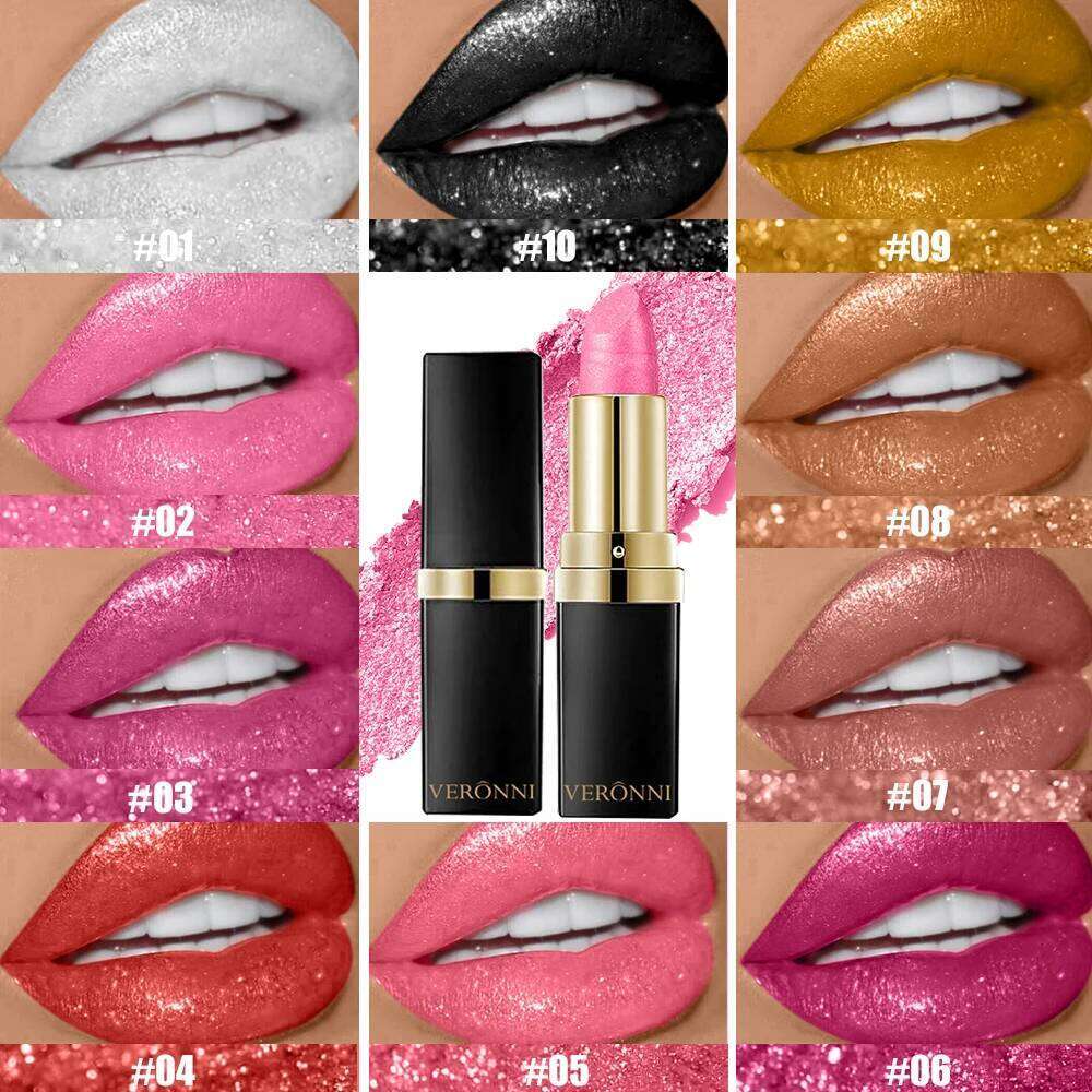 10 Colors Glitter Waterproof Long Lasting Diamond Pearlescent Metallic Lipstick Lipgloss Women Lips Makeup Cosmetic H260302