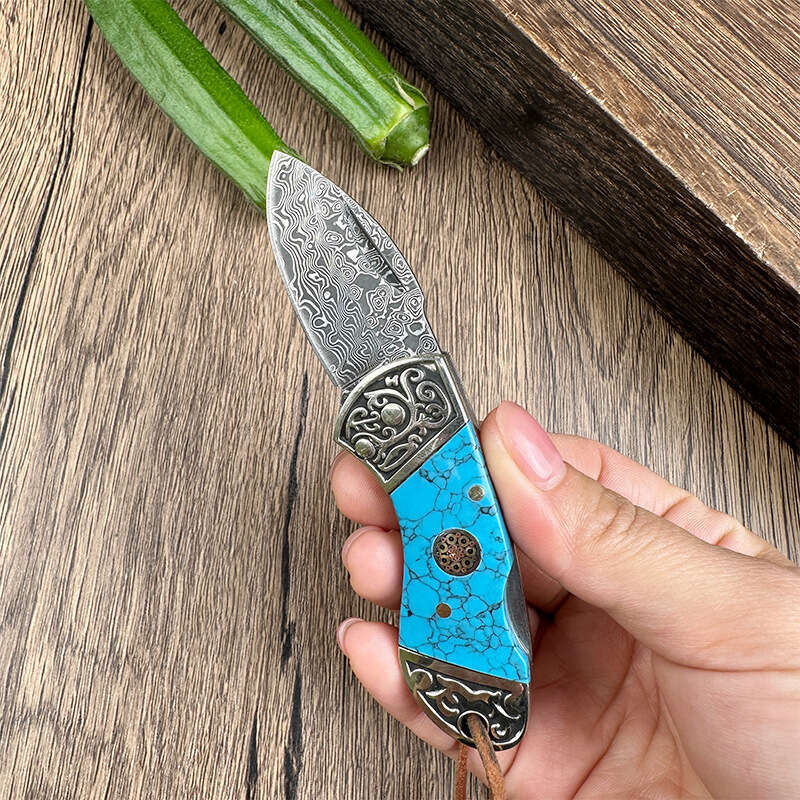 Cross-Border Blue Turquoise Handle Damascus Steel Folding Sharp Fruit Mini Key Knife Pocket Knife Outdoor Equipment