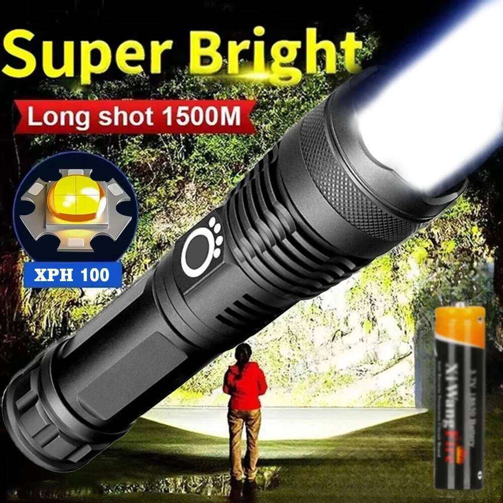 High Power XHP 100 LED Rechargeable Torch Zoomable Super Bright Hand Lantern for Camping Outdoor Emergency Flashlight Z260301