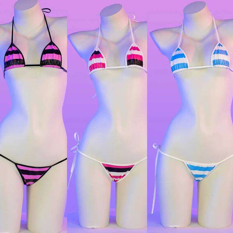 Classic Stripes Print Leather Bikinis Set New Sexy Bandage Swimsuit Women Beachwear Summer Swimwear High Cut Bathing Suit Z260301