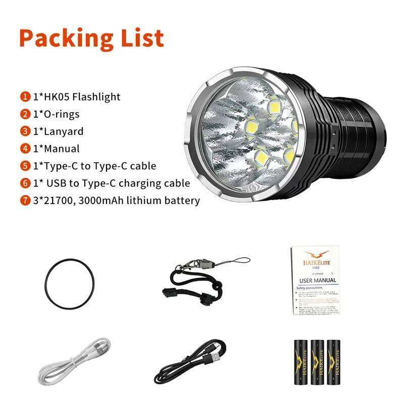 HK05 5*SFN60 30000LM 1000M Long Range Powerful LED Flashlight Type-C USB Rechargeable 3*21700 High Power Strong Flashlights Z260301