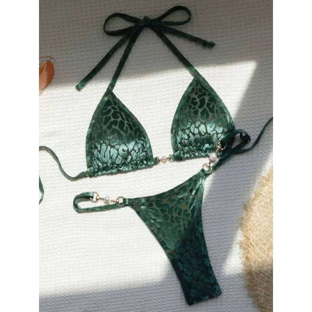 Sexy Leopard Velvet Mini Micro Thong Bikinis Women Swimwear Female Swimsuit Two-piece Bikini Set Halter Bathing Suit Swim Z260301