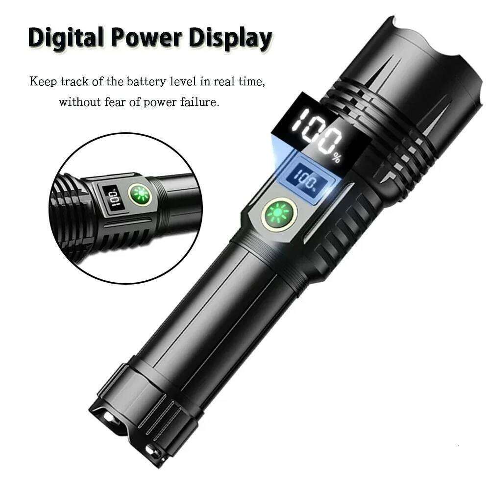 Super Bright LED Flashlight Rechargeable Zoom Long Range Aluminum Alloy Torch with Digital Power Display for Outdoor Camping Z260301