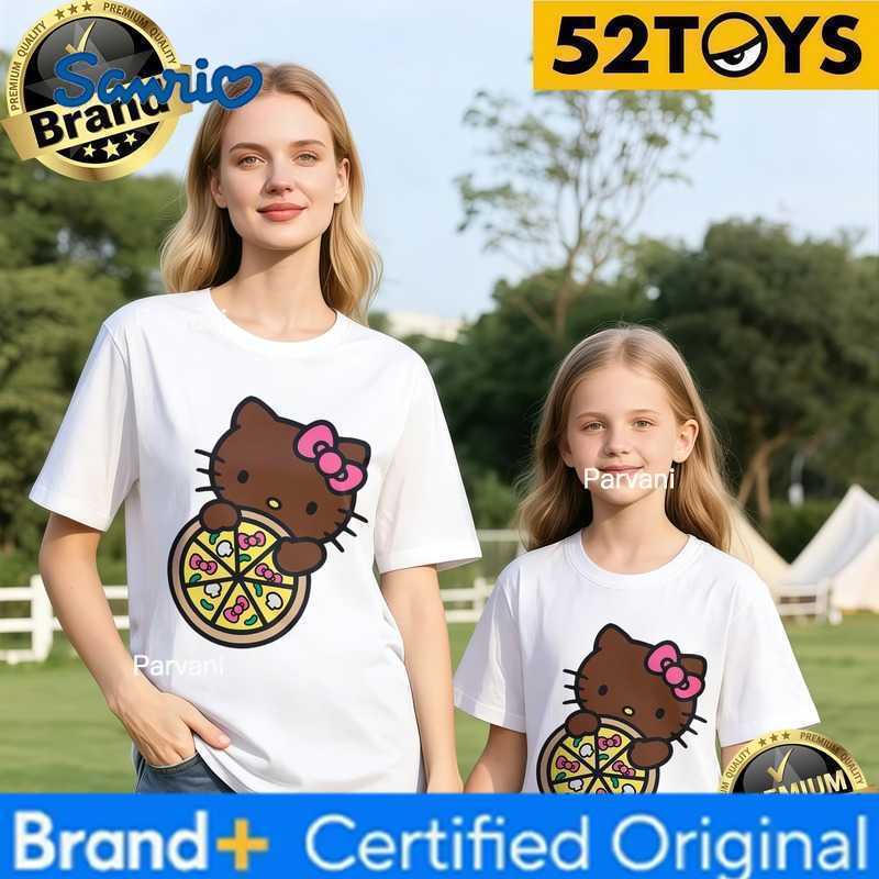 Sanrio 52TOYS Hello Kitty Pizza Print Family T-shirts 2026 Summer 100 Cotton Casual Loose Parent-Child Y2k Tees Single Piece3Pcs H260302