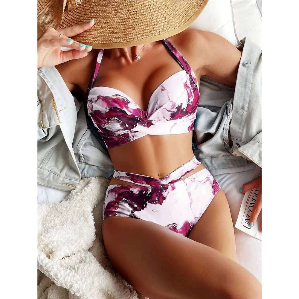 Sexy Halter High Waist Bikini 2026 Women Tie Dye Swimsuit Push Swimwear Female Printed Bathing Suit Lace Up Back Beachwear Z260301
