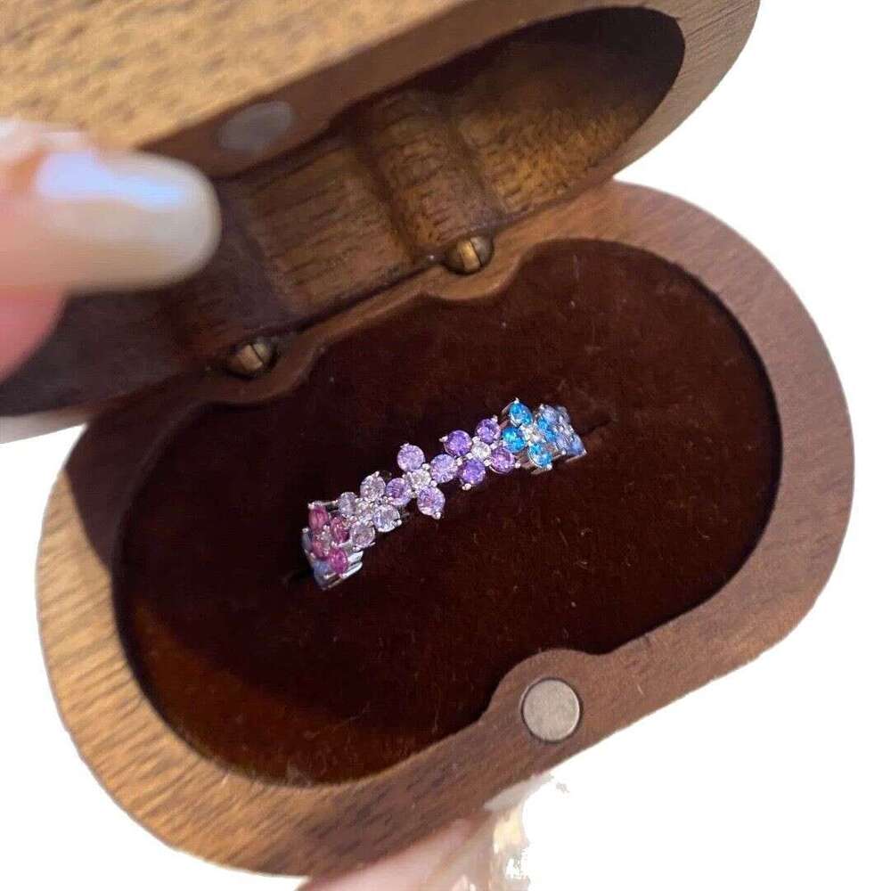 Four-Leaf Clover Fashion Luxury Ring Colorful Diamond-Studded Monet Garden Floral Jewelry Stackable Women's Ring
