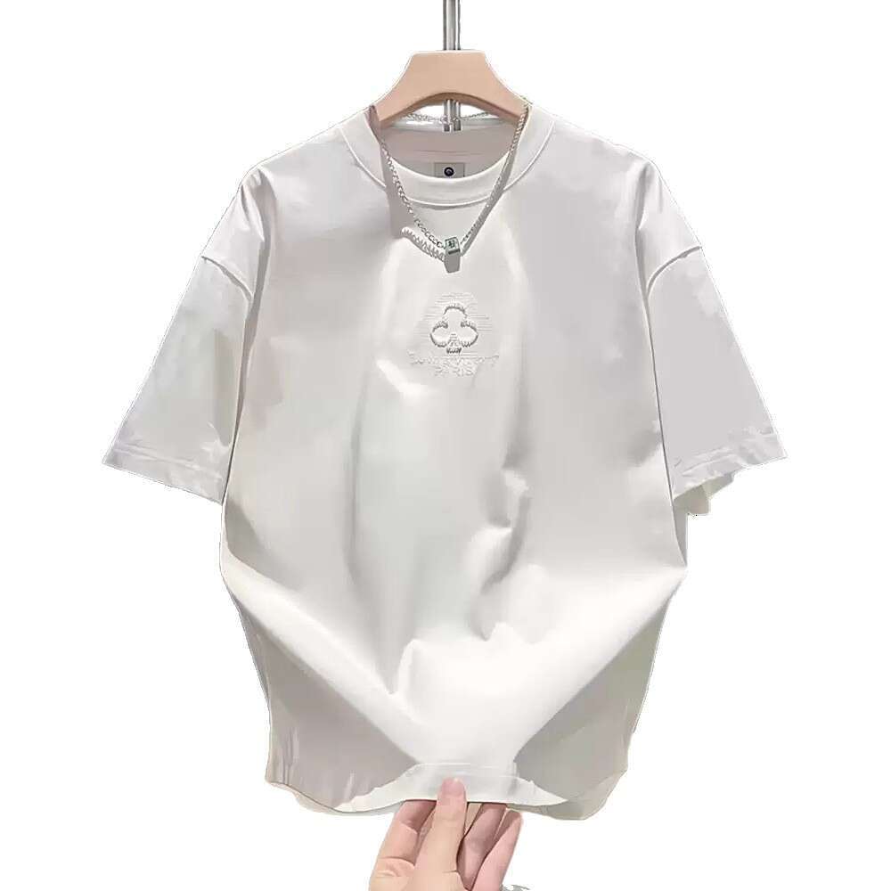 Summer New Heavy Embroidered Letter Crew Neck Short Sleeve Men's Trendy Loose Fit Breathable Turtleneck T-Shirt Base Shirt