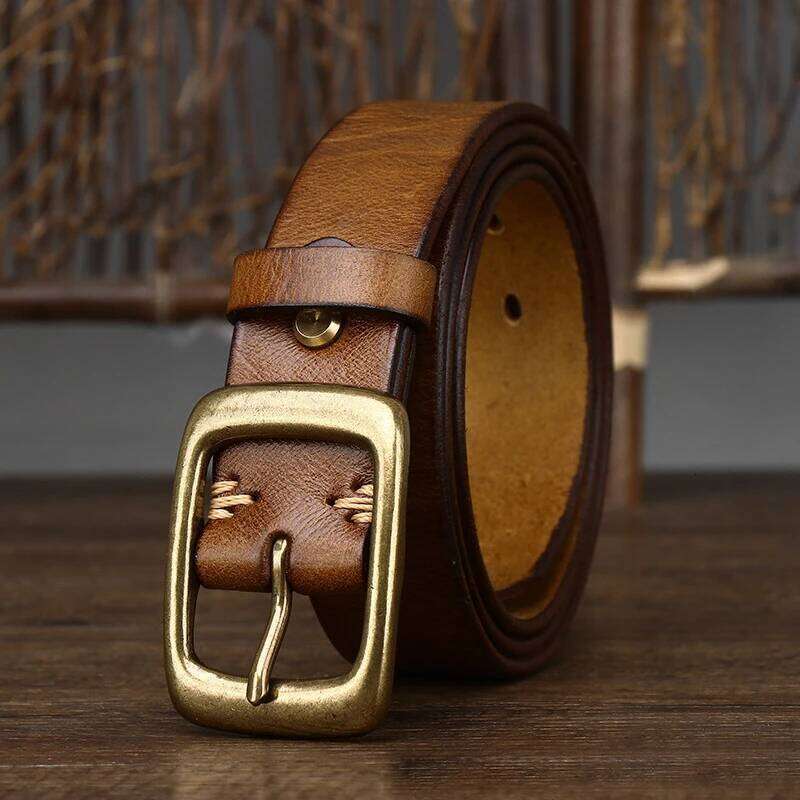 3.3Cm Width Copper Buckle Cowskin Leather Retro Handmade Male Luxury For Jeans Wide Belt Men's Gift S260228