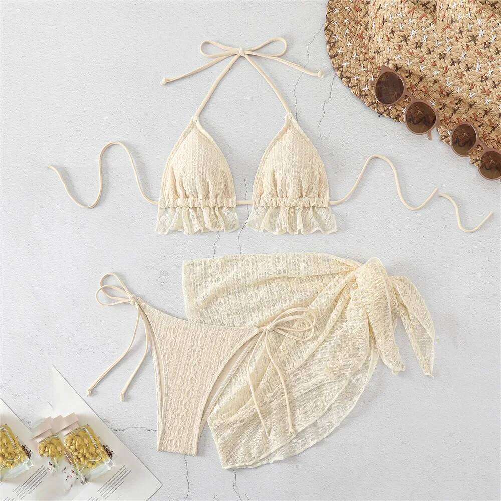 Halter String Triangle 3 Piece Bikini Set Beige Lace Mesh Sexy Swimsuit Women 2026 Cover Up Swimwear Bathing Suit Bikinis Dames Z260301