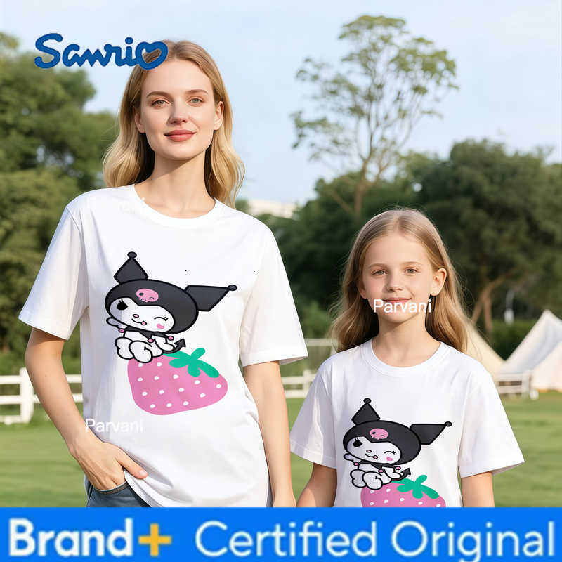 Sanrio 2026 Summer Kuromi Retro High-Quality 100 Cotton Mens T-shirt Oversized Cute Strawberry Print Top Unisex Family Matching H260302