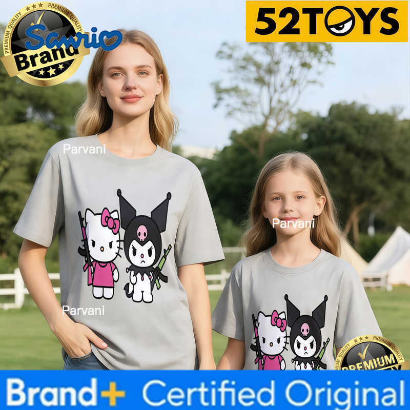Sanrio 2026 Autumn-Winter Trending Hello Kitty X Kuromi Warrior Print 100 Cotton Parent-Child T-Shirts High Quality Loose Casual H260302