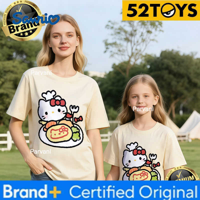 Sanrio 2026 Autumn-Winter Trending Hello Kitty Chef Print 100 Cotton Parent-Child T-Shirts High Quality Loose Casual Clothing Y2k H260302