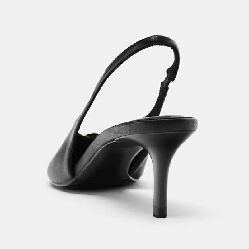 Sexy Black Pointed Toe Slingbacks Pumps Women Fashion Metal Decoration Sewing Designer Shoes Comfortable Commuter Office Shoes K260302
