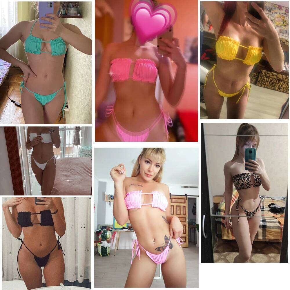 Sexy Solid 2023 Pleated Bandeau Swimsuit Female Low Waist Swimwear Women Beach Mini Thong Bikini Set Bathing Suit Z260301