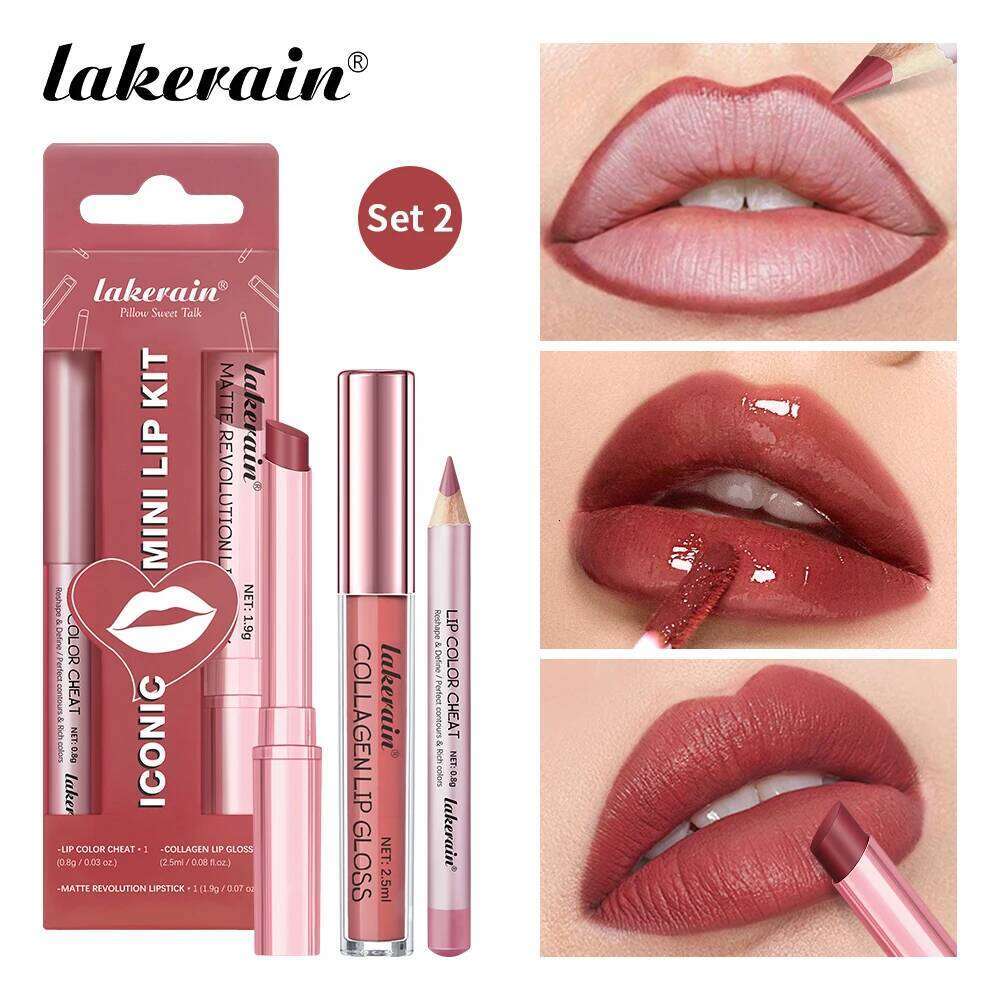 Lakerain 3pcs Makeup Mirror Effect Smooth High Color Rendering Long Lasting Hydration Liner Lip Gloss Lipstick Set H260302