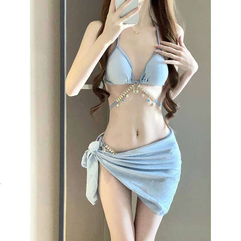 2025 Mermaid Scale Bikini Set | Rhinestone Halter Triangle Swimsuit with Tie-Sides, Instagram Sexy Vacation Beachwear Z260301