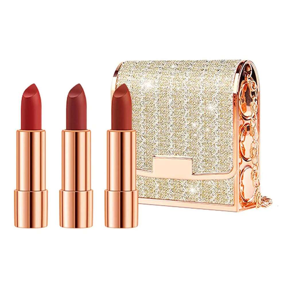 Matte Lipstick Set 3 Colors Stick with Sliver Chain Bag Package Velvet Lip stick Gift Box Private Label Make Up 3.5gx3 H260302