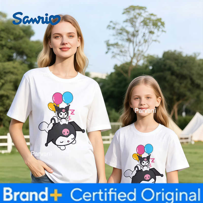Sanrio 2026 Summer Kuromi Retro High-Quality 100 Cotton Mens T-shirt Oversized Cute Balloon Print Top Unisex Family Matching Y2K H260302