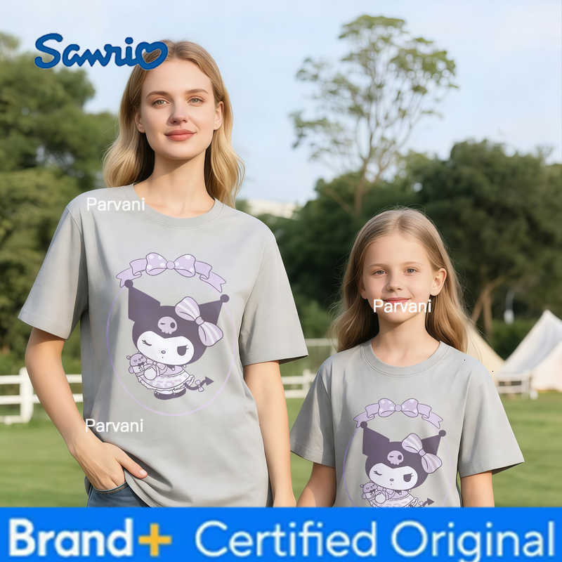 Sanrio 2026 Summer Kuromi Retro High-Quality 100 Cotton Mens T-shirt Oversized Cute Bow Wreath Print Top Unisex Family Matching H260302