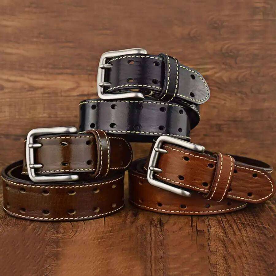 Men's Prong New Leather Belts for Men Classic Double Row Hole Universal Hollowed Out Belt Jeans S260228