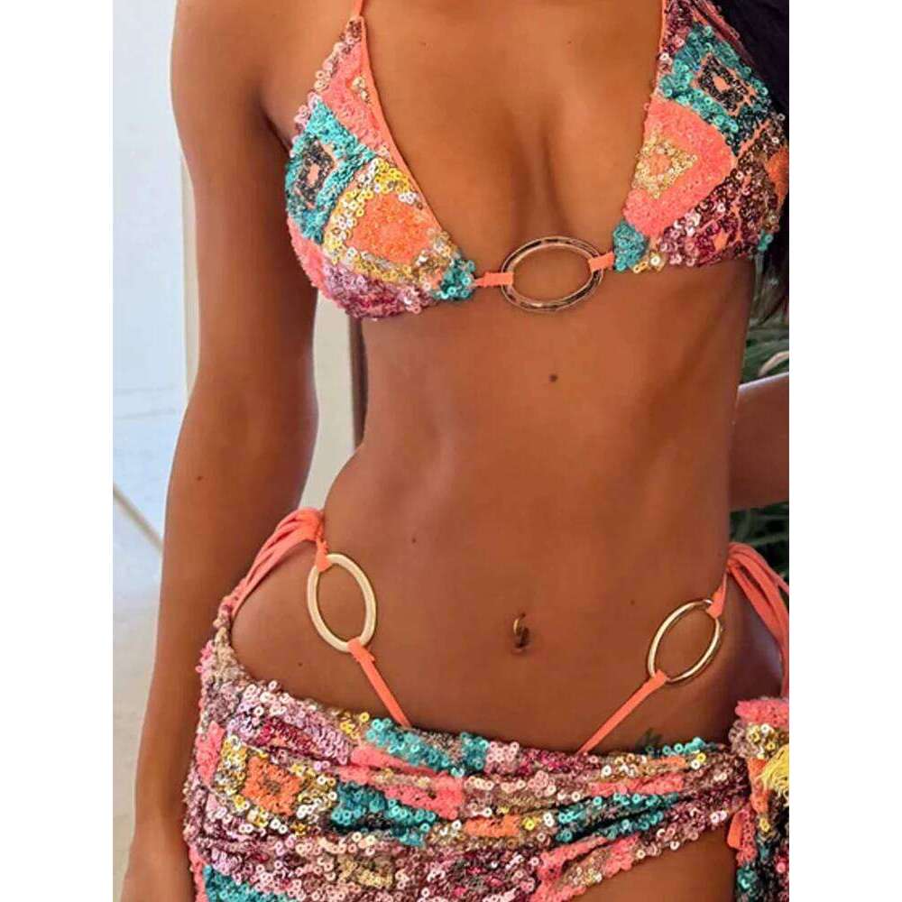 Sexy Sequin Bikini Skirt Sets Women Fashion Holiday Top Ribbon Mini Skirts Female 2026 Summer Beach Lace Up Suits Lady Z260301