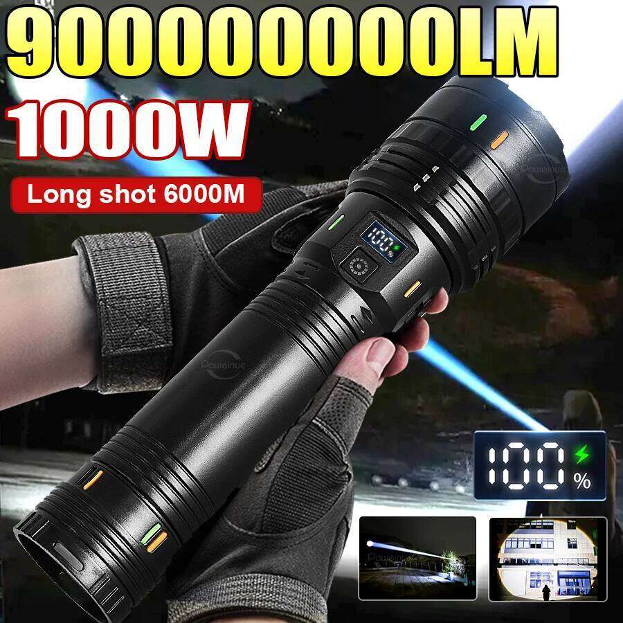 900000000LM 1000W Powerful LED Flashlight Built-in Battery USB Rechargeable Strong Light Tactical Torch Camping Hiking Lantern Z260301