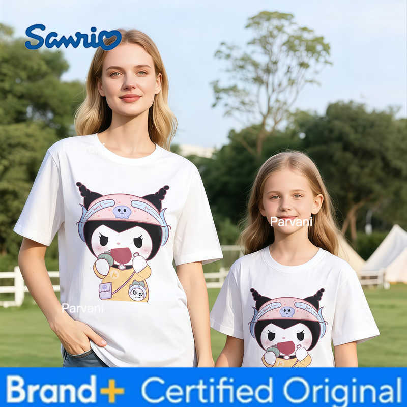 Sanrio 2026 Summer Kuromi Retro High-Quality 100 Cotton Mens T-shirt Oversized Cute Breakfast Print Top Unisex Family Matching Y2K H260302