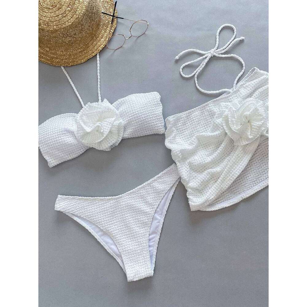 3 Piece Purple White Bikini Set Women Bandeau Big 3D Flower Swimsuit 2024 Beach Push Up Bathing Suit Skirt Swimwear Z260301