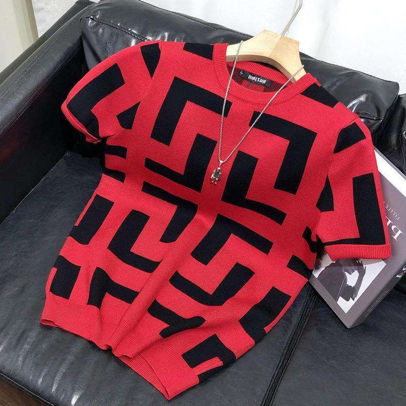 Spring And Autumn Geometric Pattern Base Shirt Men's Slim Fit Casual Trendy Brand Short Sleeve Knitted Top Summer T-Shirt Men