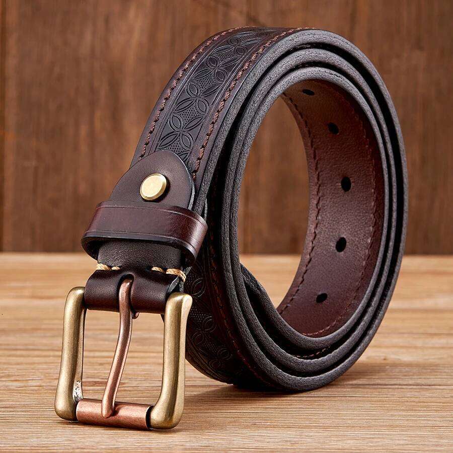 3.3cm Thick Wild Cowskin Men Belt High Quality Genuine Leather Brass Buckle Retro Strap Male Jeans Luxury Designer Belts for Man S260228