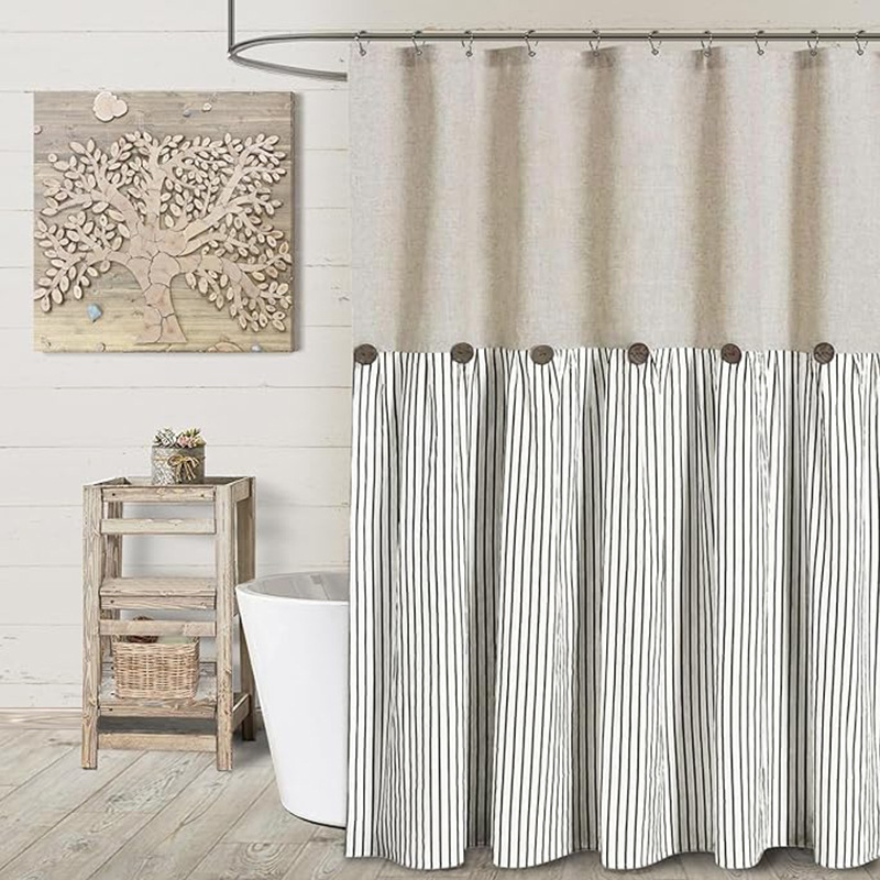 YL-38285 Button-Patchwork Skirted Bathroom Shower Curtain, Waterproof Cotton Linen, Supply of Button Linen Bathroom Curtain