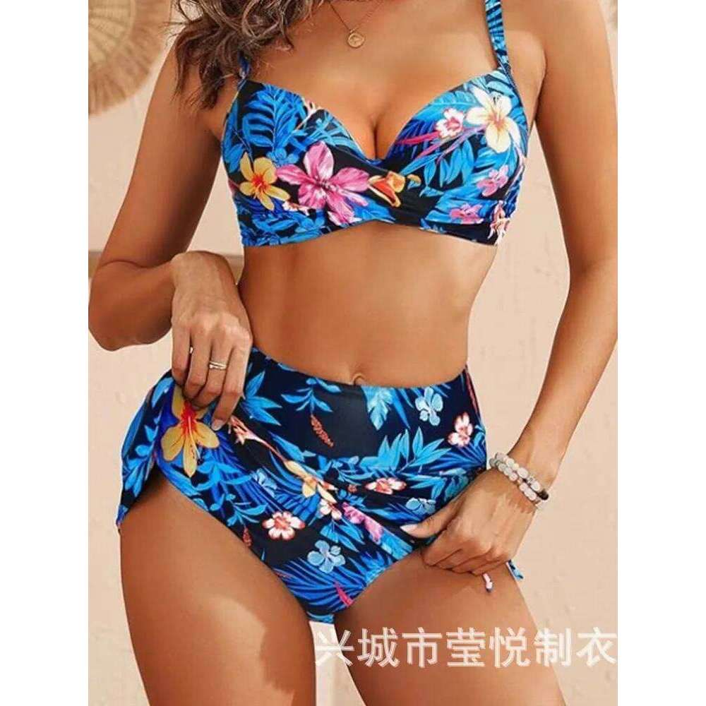 ropical Print Set Sexy Jungle Leaf Two Piece Halter & High Waist Summer Floral Vintage Bikini Skirt Sundress Beach Outing Z260301
