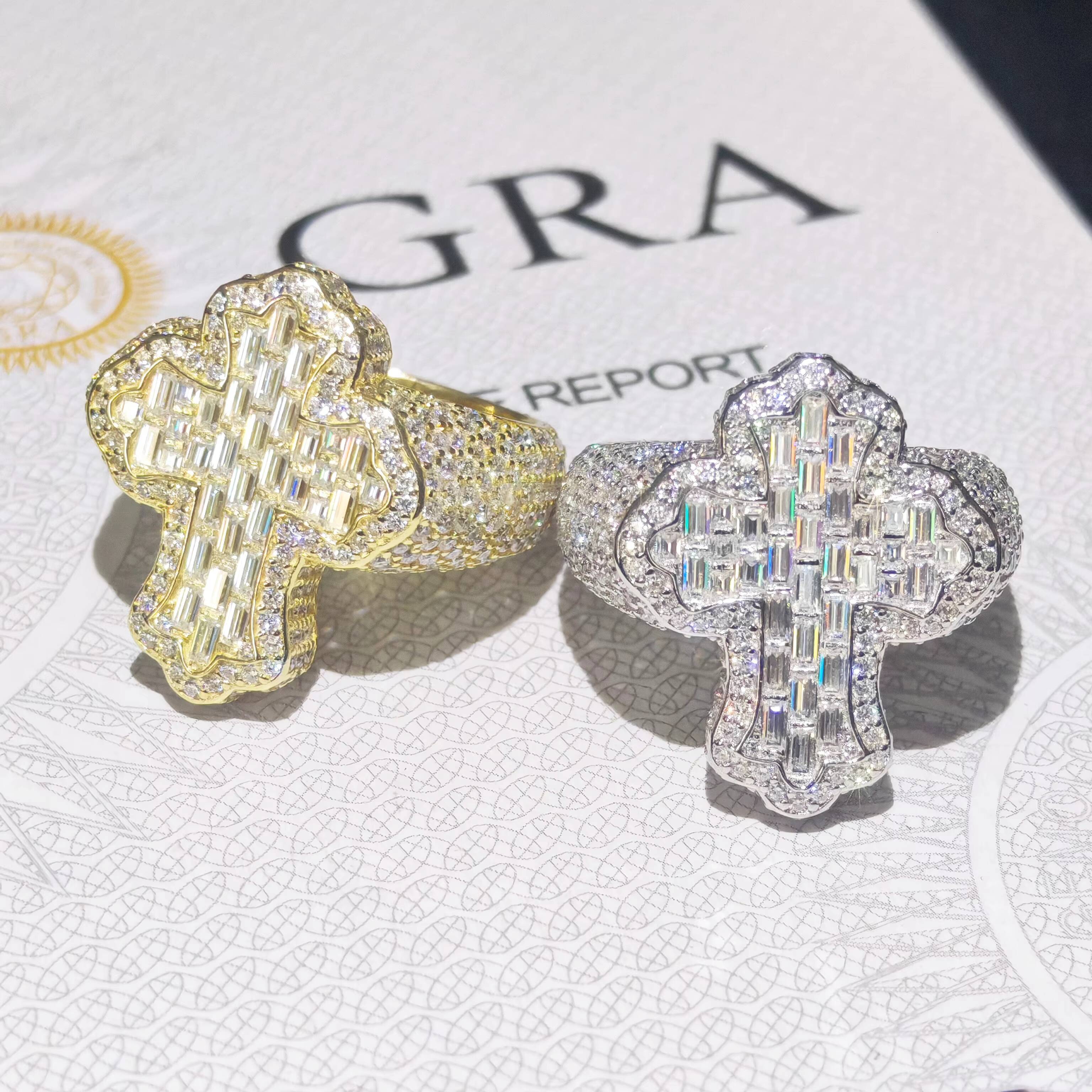 Mens Hiphop Cluster Ring 925 Silver D VVS Moissanite with 14K Gold Plating