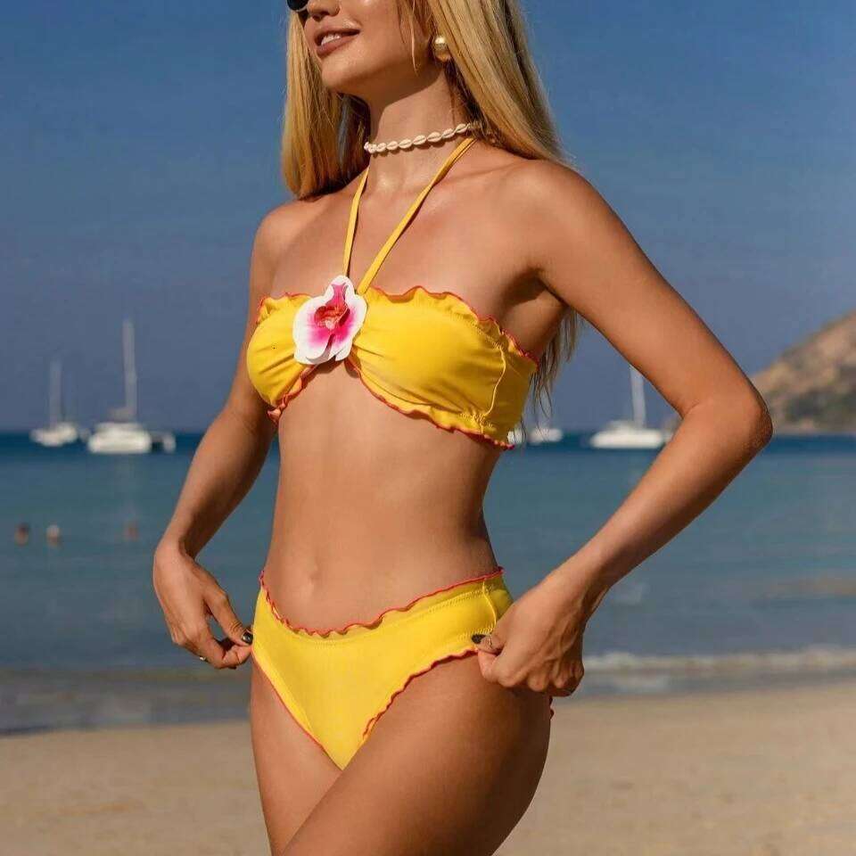 Neck with Skirt 3D Flowers Halter Female Swimsuit Women Swimwear 3 Piece Bikini Set Bather Bathing Suit Swim Z260301