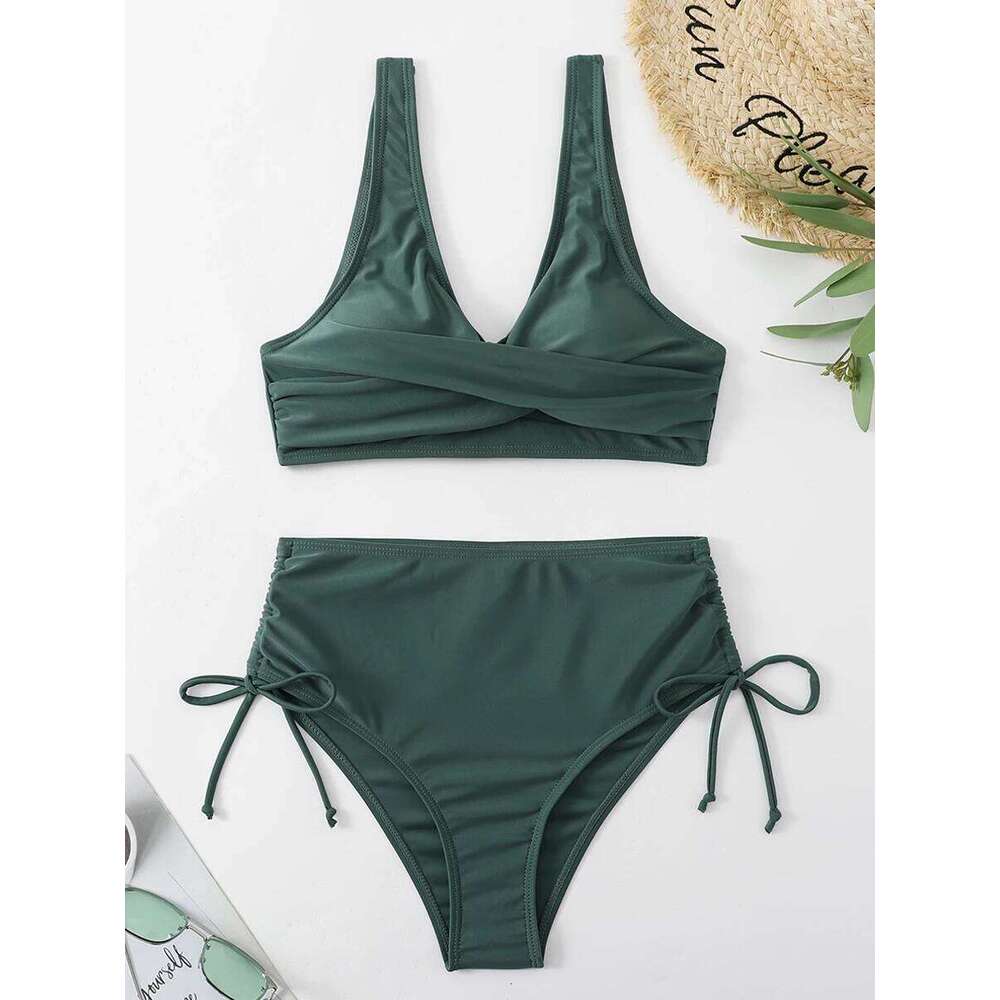 Sexy Tie Side Bikini Set Women Leaf Printed And Solid Swimwear Female Push Up Swimsuit High Waist Bathing Suit Summer Beachwear Z260301