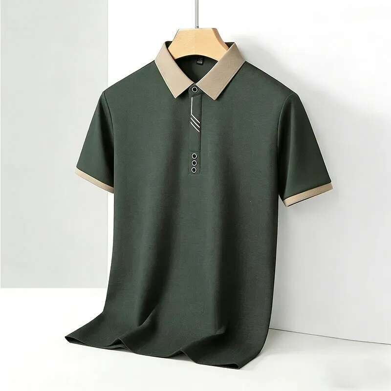 Men's Polo Black Tee Summer T-Shirts Wrinkle-Resistant Short Sleeve with Contrast Trim Premium Office Casual Men's Clothing