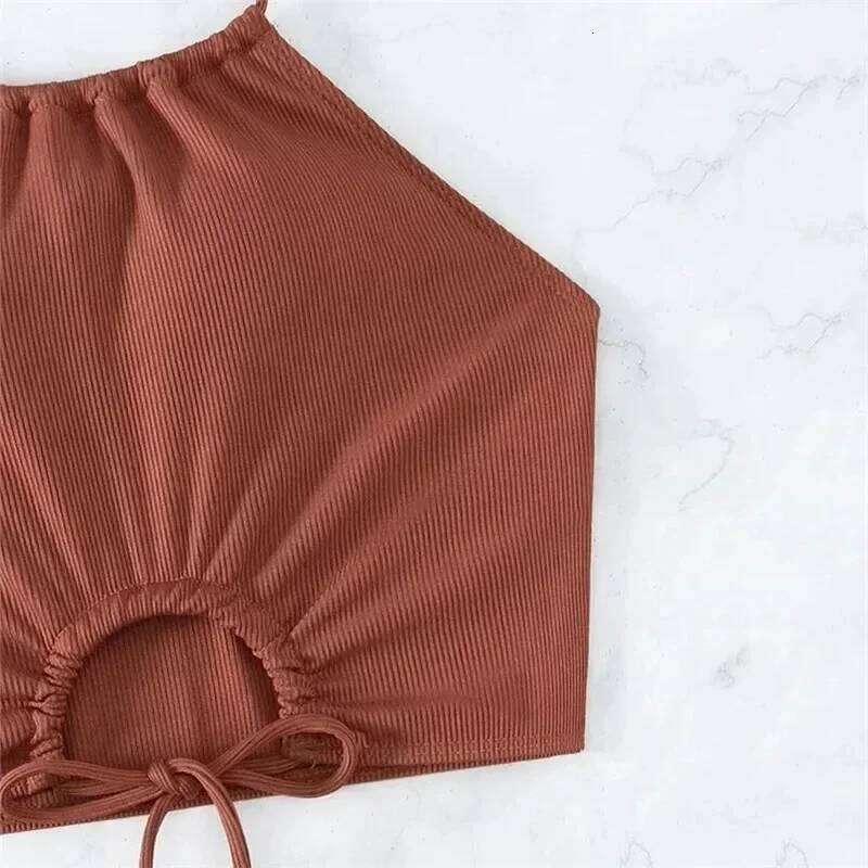Brown Ribbed Swimwear Shorts Swimsuits Women Halter Bikinis Sets String Drawstring Bathing Suit Beachwear Sexy Bikini 2026 Mujer Z260301