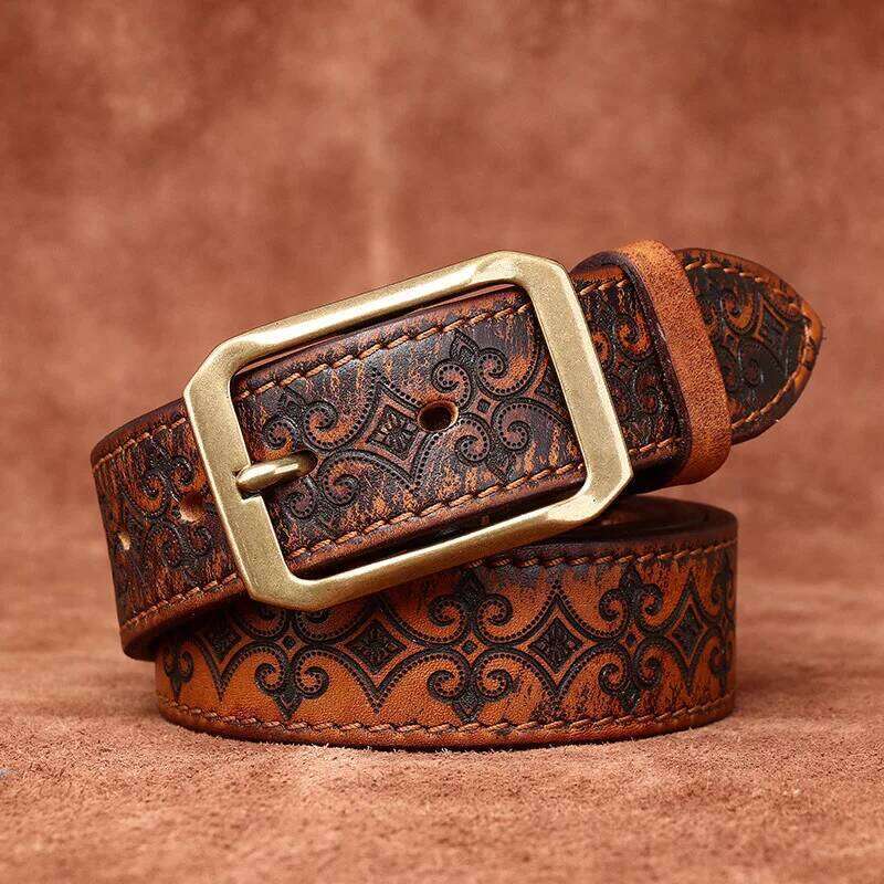 3.8CM Thickened Italian Pure Cowhide High Quality Genuine Leather Belts for Men Carving Strap Male Brass Buckle Jeans Cowboy S260228