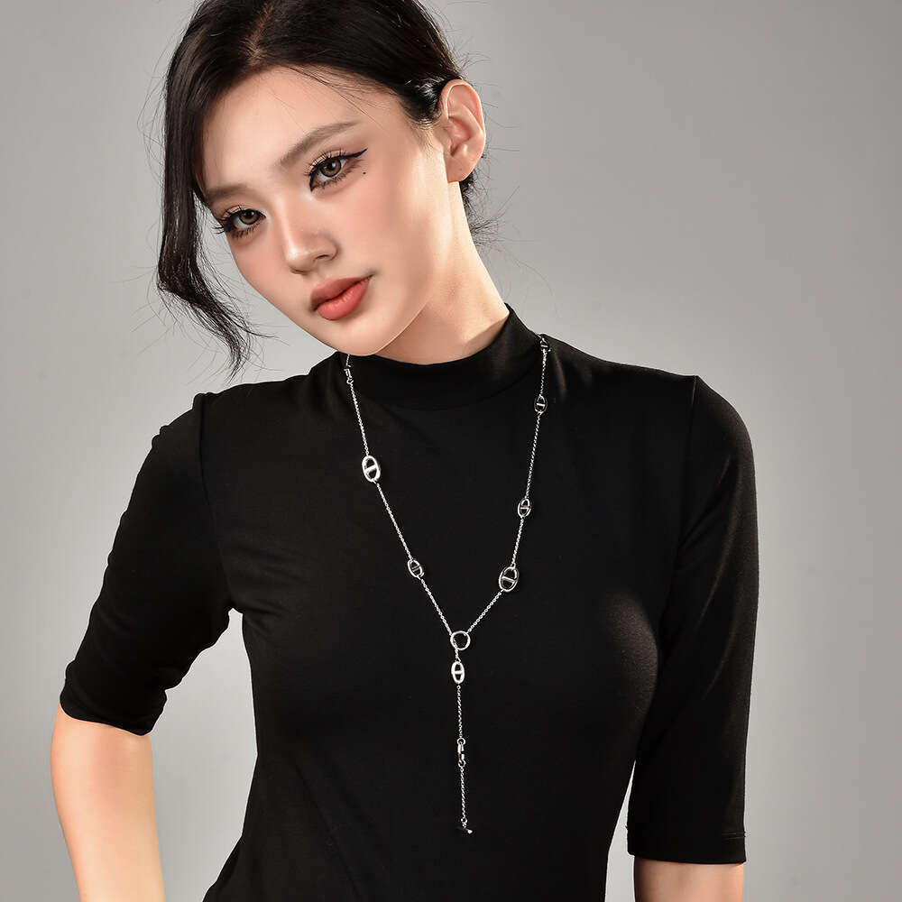 Double Layer Stacked Necklace OT Metal Texture Ins Trend Multiple Wearing Methods Pig Nose Buckle Extra Long Sweater Chain