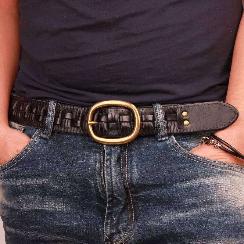 Vintage Luxury Handmade Leather Weave Copper Buckle Men's Cowhide Retro All-match Casual Jeans Soft Belt S260228