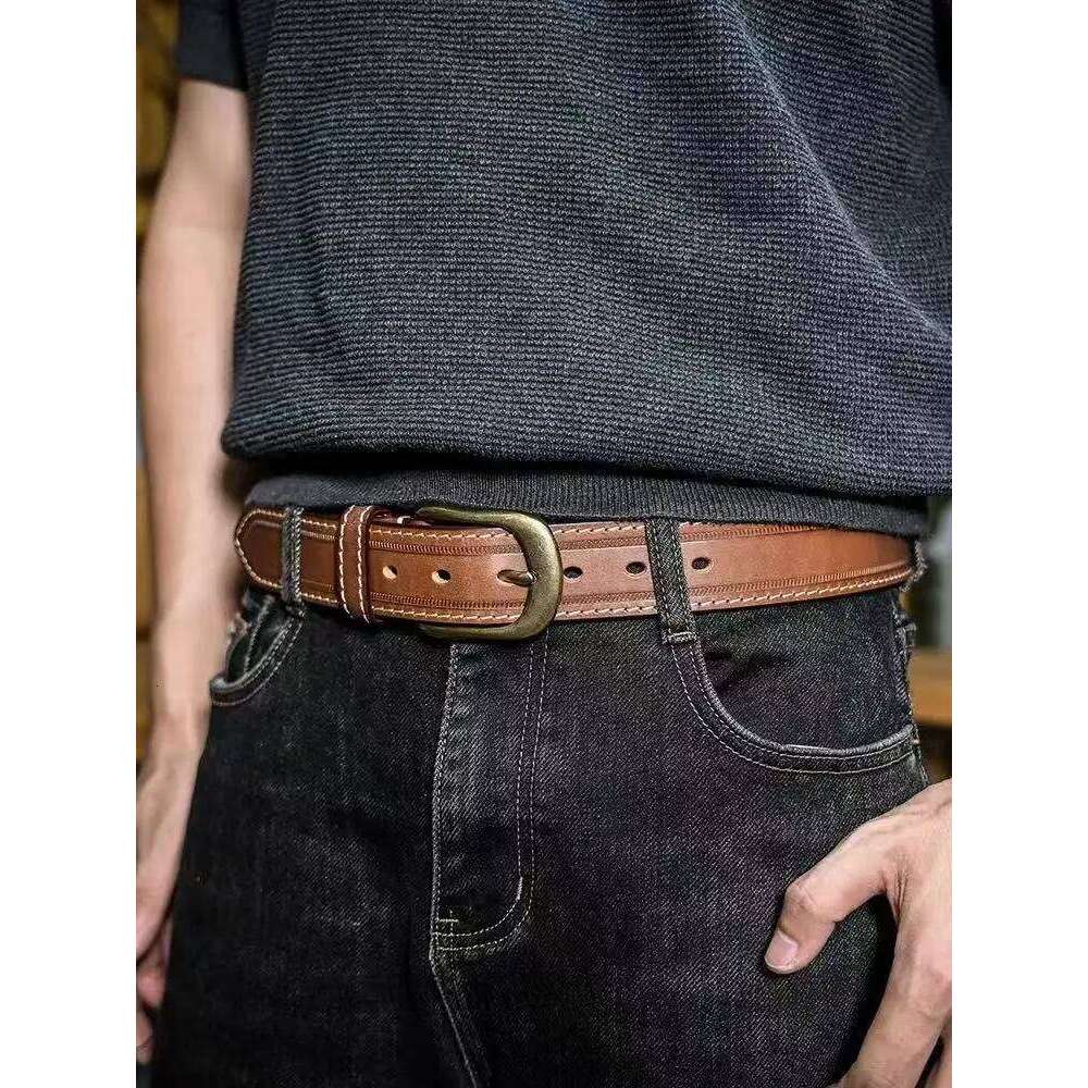 LB02 Vintage Distressed Genuine Leather With White Buckle for Jeans Men Belt S260228